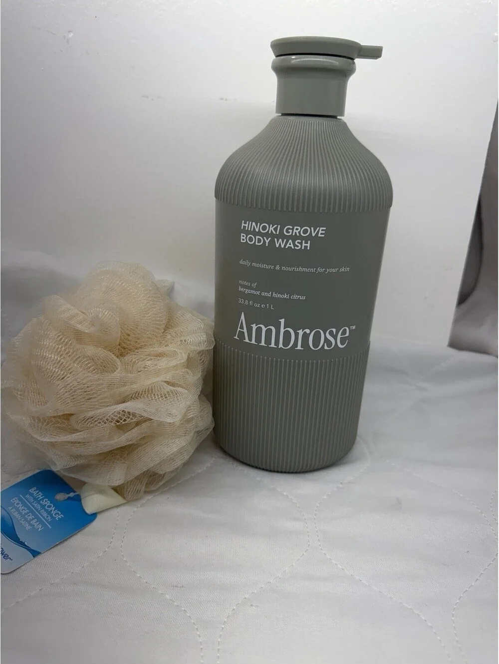 Ambrose Hinoki Citrus Bergamot Body Wash 33.8oz + Bonus Bath Sponge Spa Gel